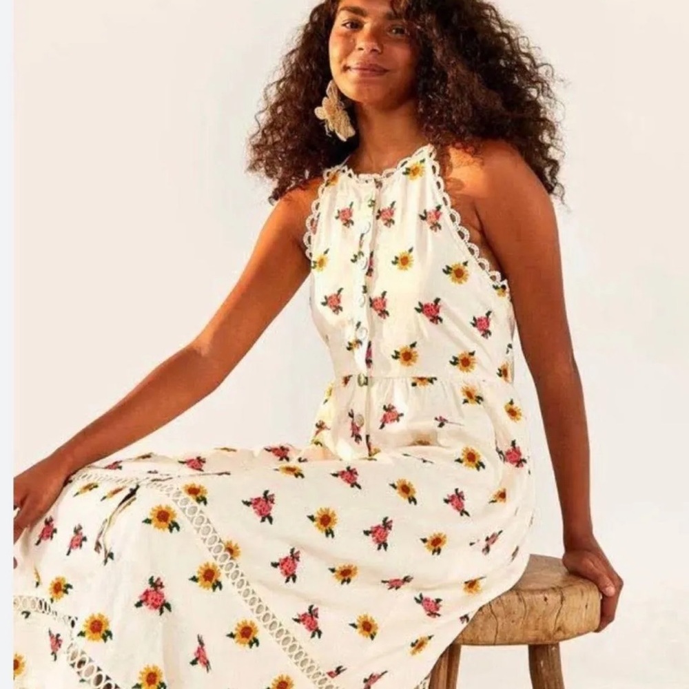 Farm Rio Mixed Cross Stitch Flowers Dress - L - Picture 2 of 10